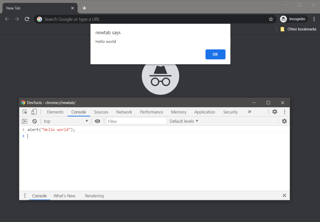 Un semplice programma Hello World nella console JavaScript di Chrome