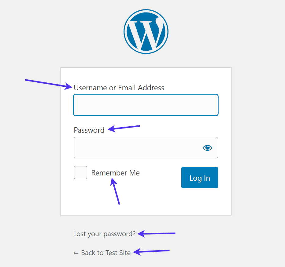 Modulo di login in WordPress in cui sono evidenziati i microtesti &quote;username&quote;, &quote;Password&quote;, &quote;Remember me&quote;, ecc.