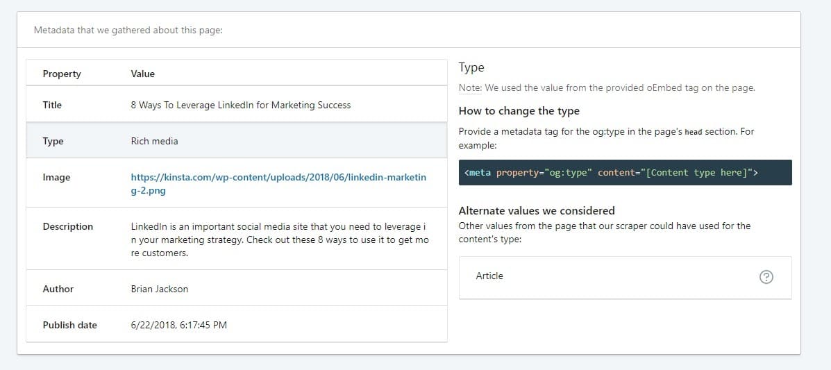 linknedin post inspector kinsta metadata