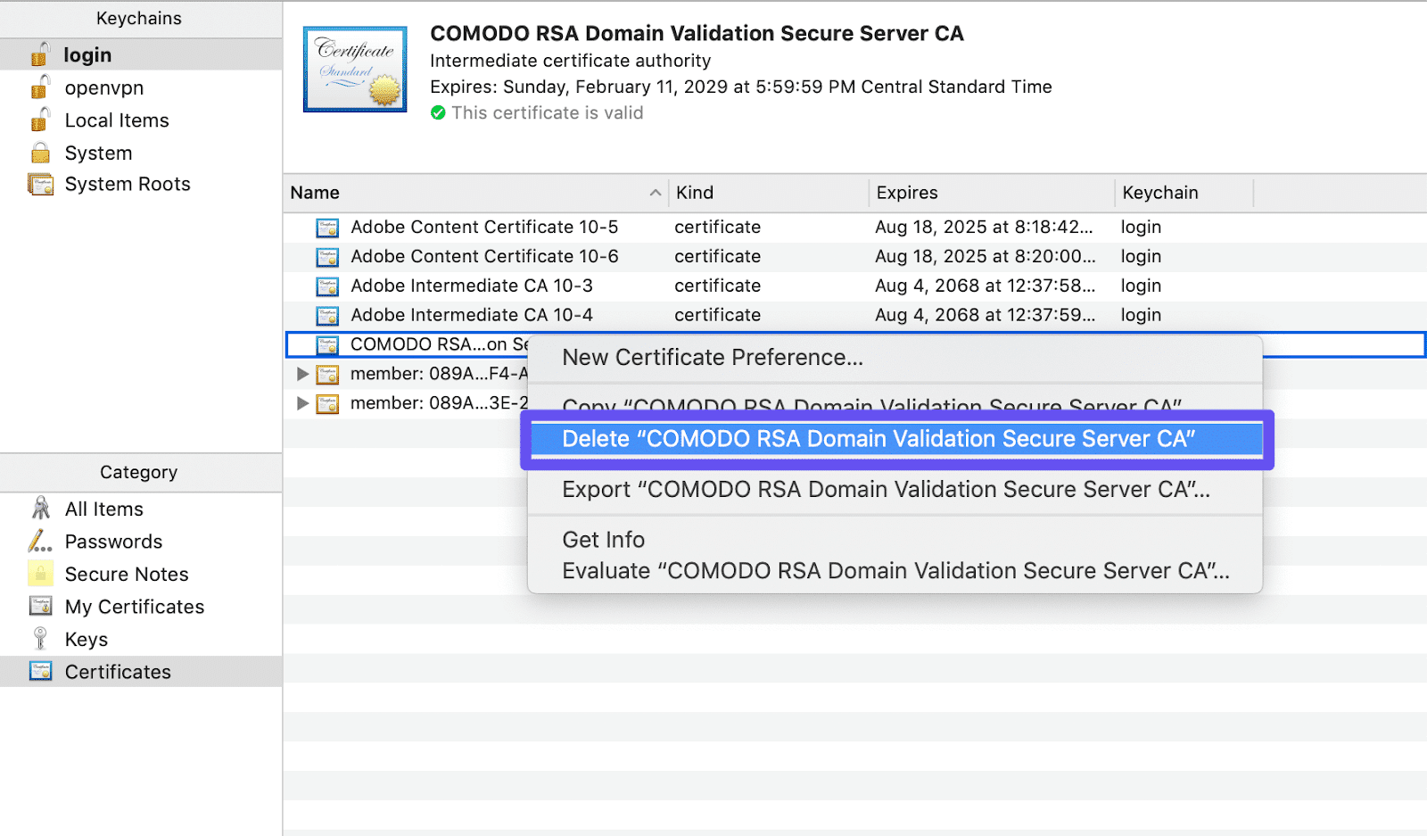 Borrar los datos de los certificados utilizando el gestor de llaveros de MacOS.