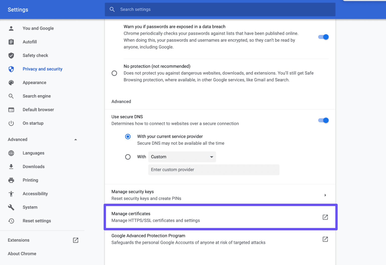 Settings certificates