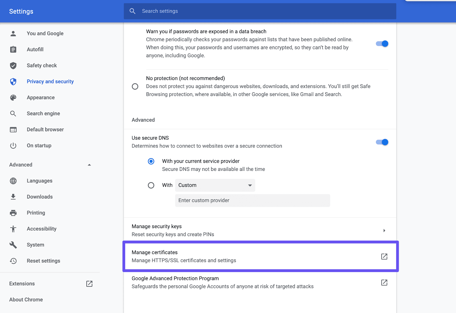 Op macOC in Chrome de Manage certificates settings openen