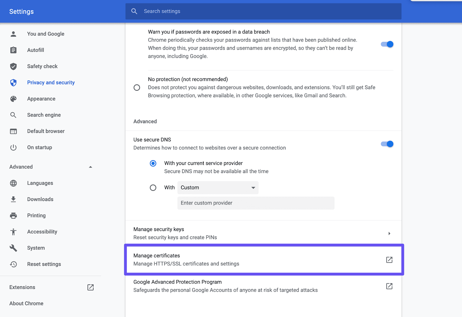 Abriendo la configuración de los certificados en Chrome en macOS