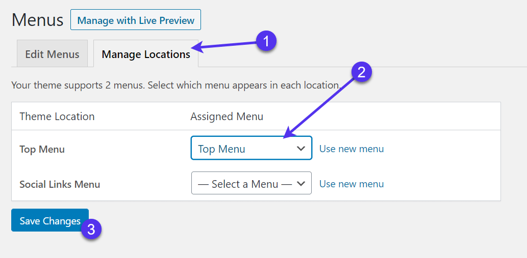 Verander eventueel de locatie van het menu