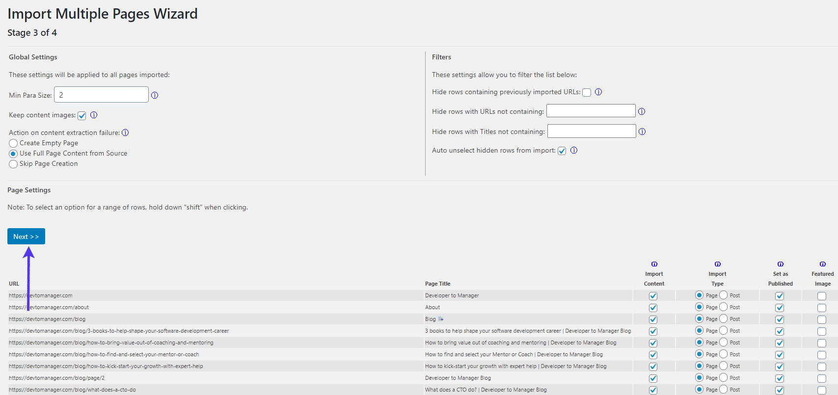 L'assistant d'importation de pages multiples