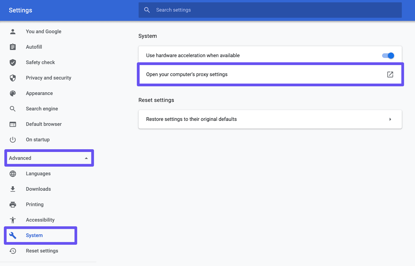 Ouverture des réglages de proxy via Google Chrome