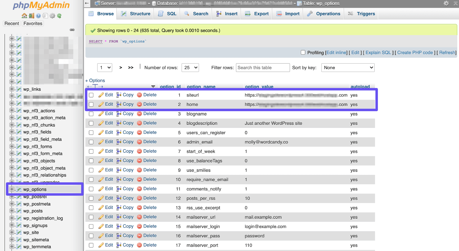 Comprobando el siteurl y las filas de inicio en phpMyAdmin