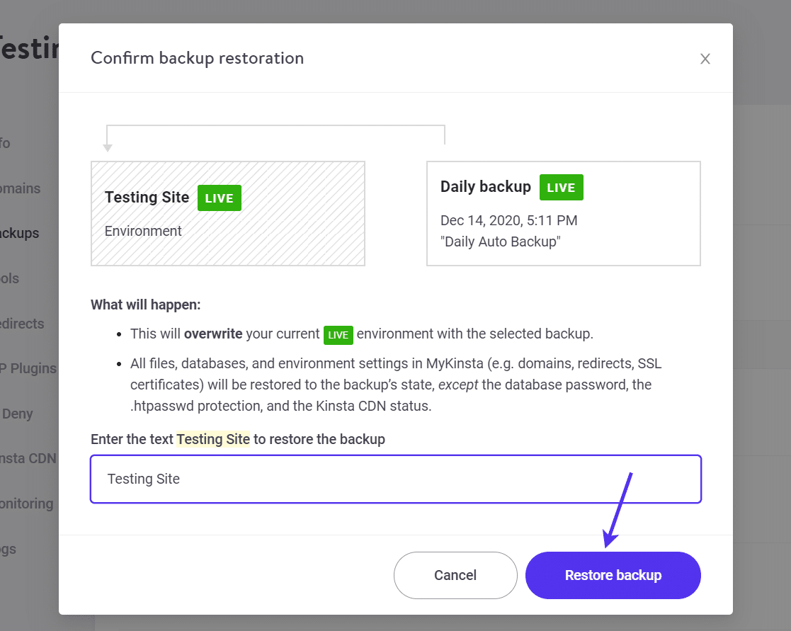 Confirmar a restauração de backup no MyKinsta.