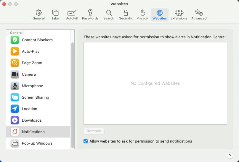 Paramètres de notification push Safari 