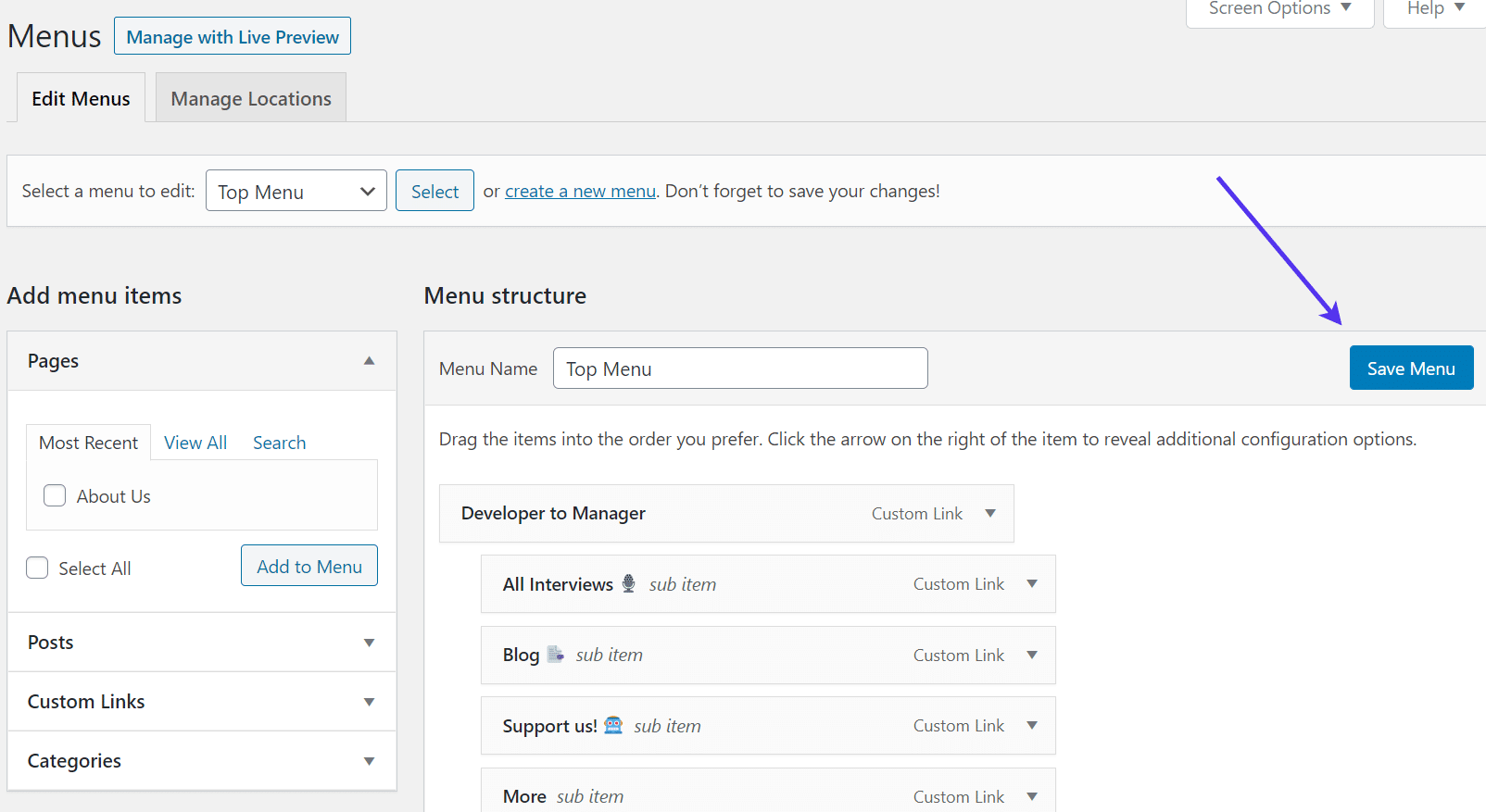 Speichere das importierte Menü