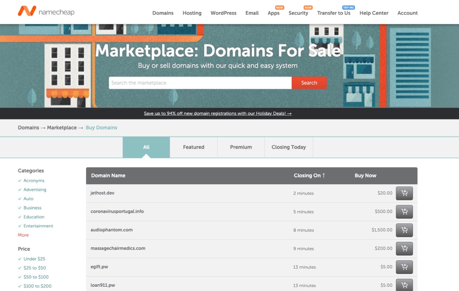 Namecheap's Marktplatz für Domains