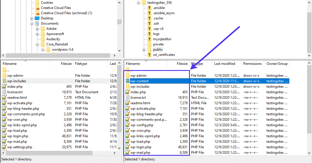 A successful transfer of WordPress core files.