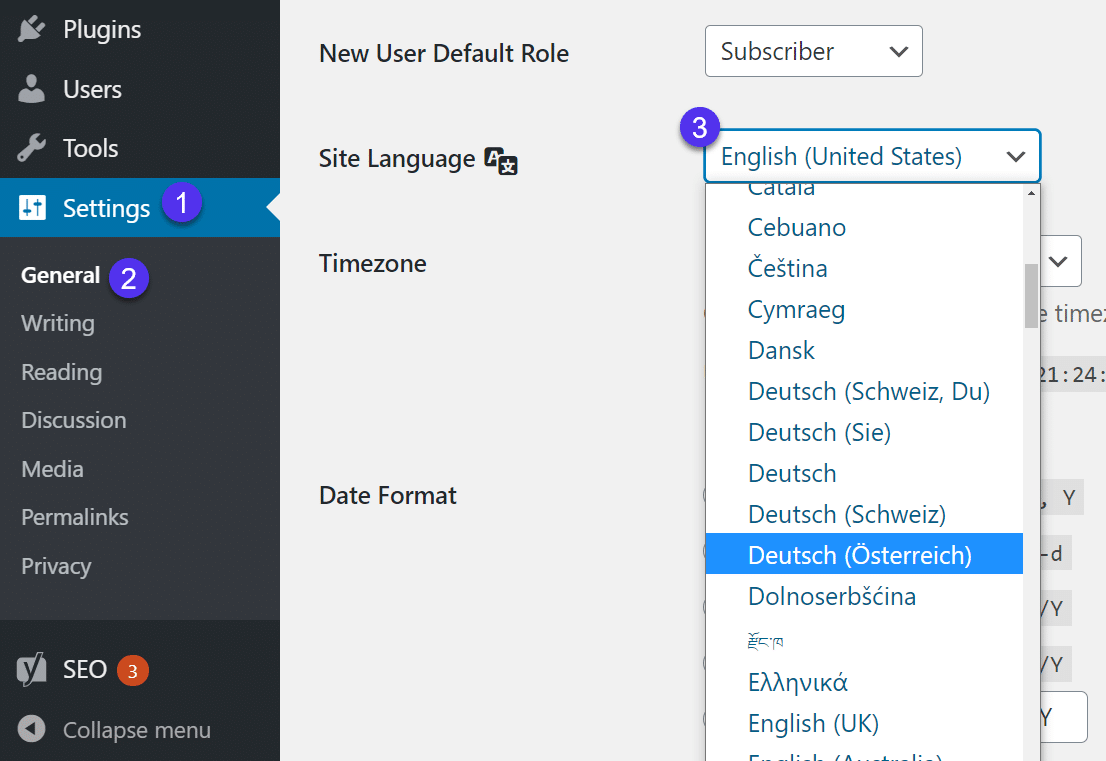 WordPress site languages.