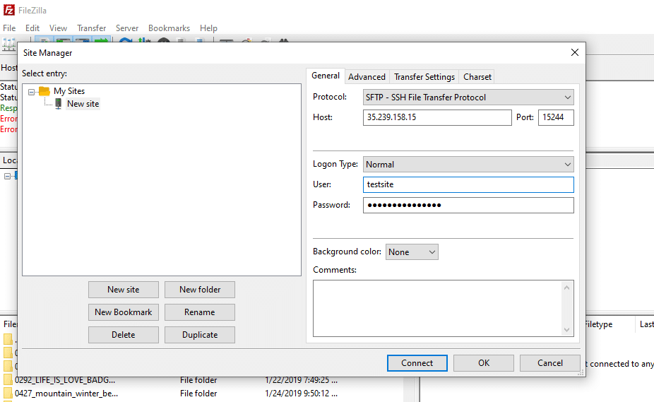 Configure an SFTP connection in FileZilla.