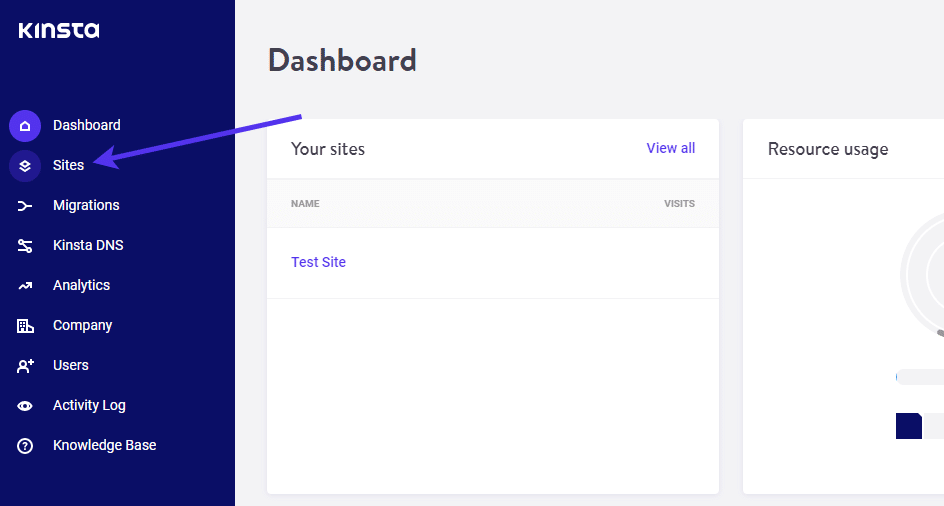 Ir para a guia "Sites" no MyKinsta.