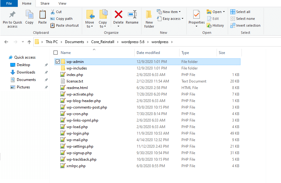 WordPress file structure after reinstalling WordPress.