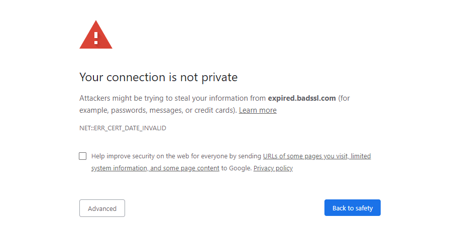 Le message d'erreur NET::ERR_CERT_DATE_INVALID dans Chrome.