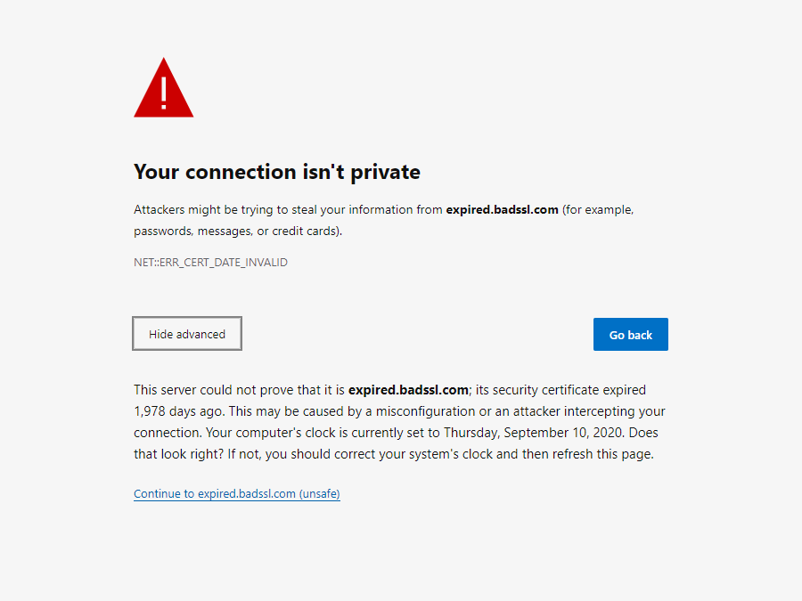 De NET::ERR_CERT_DATE_INVALID foutmelding in Microsoft Edge.