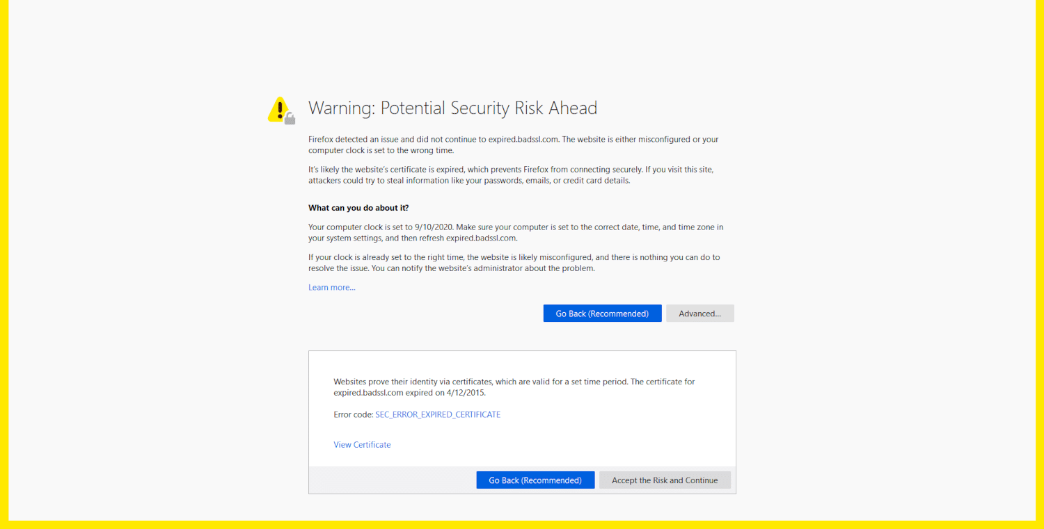 El mensaje de error NET::ERR_CERT_DATE_INVALID en Firefox.