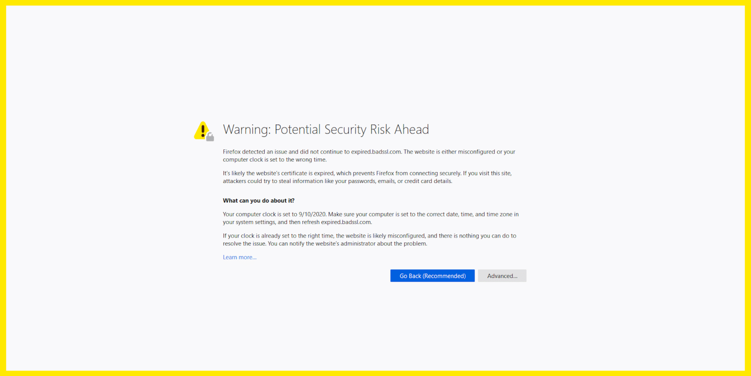 Il messaggio di errore NET::ERR_CERT_DATE_INVALID in Firefox.