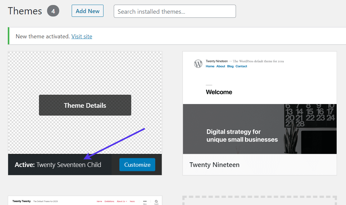 Detalhes do tema no painel do WordPress