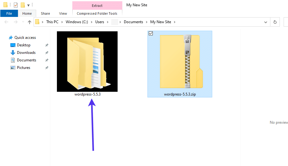 Entpacke das WordPress-Paket nach dem Herunterladen.