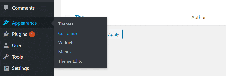 Schermata dell’editor WordPress con le opzioni per accedere al Personalizza.