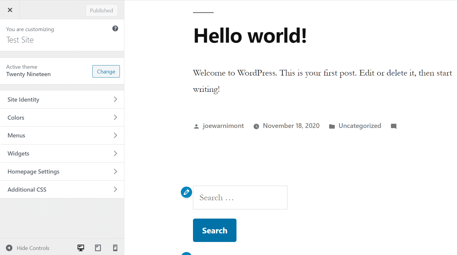 Schermata del Personalizza tramite cui modificare l’identità del sito, i colori, il menu e diversi altri aspetti di WordPress.