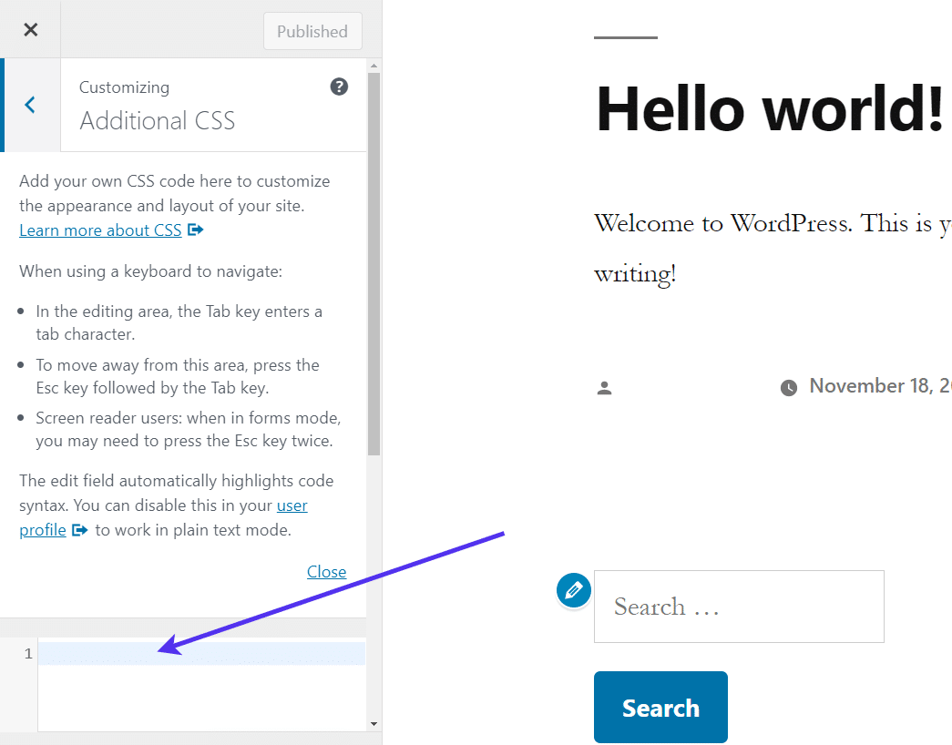 Füge zusätzliche CSS zu deiner WordPress-Seite hinzu.