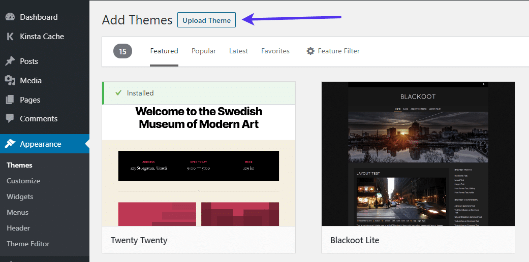 Uploading a theme in WordPress