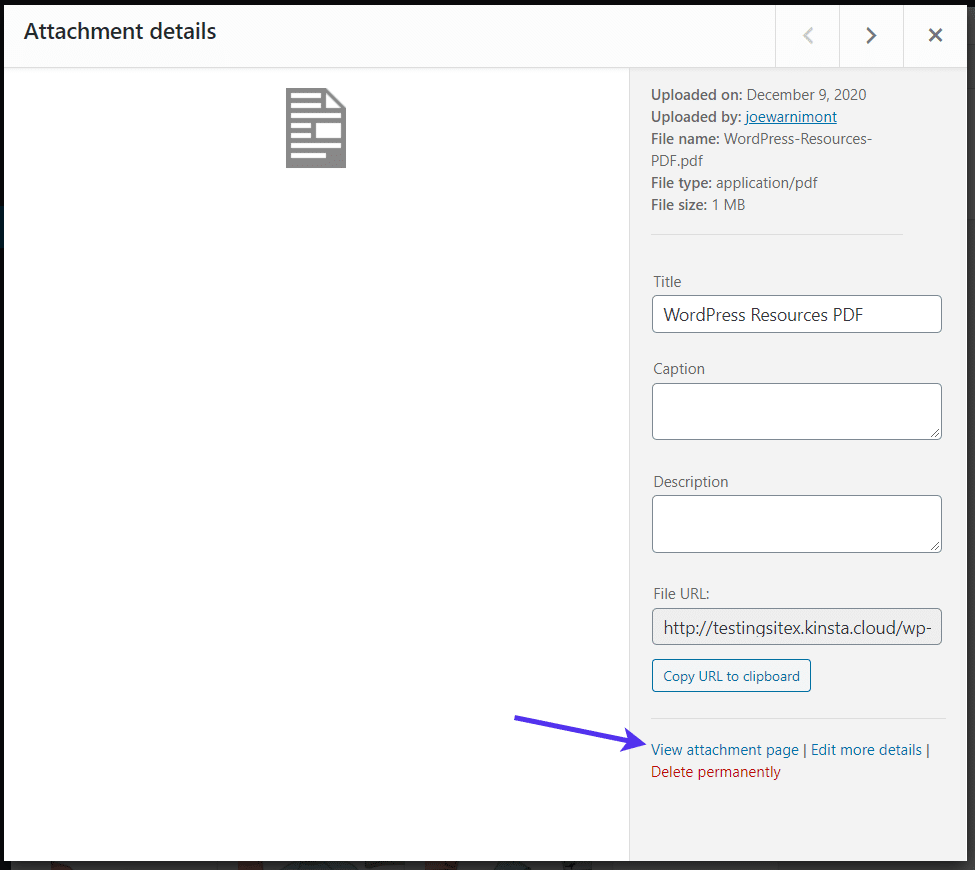 View the attachment page in the WordPress media library.