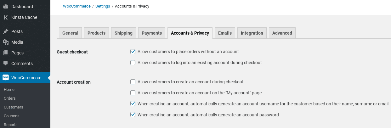 La pestaña "Cuentas y Privacidad" de la configuración de WooCommerce