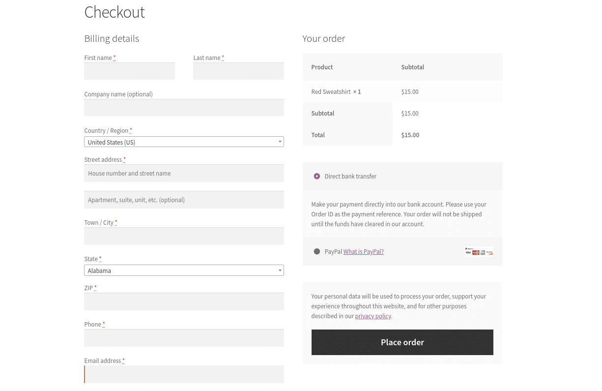 Standardsidan för WooCommerce-utcheckning.