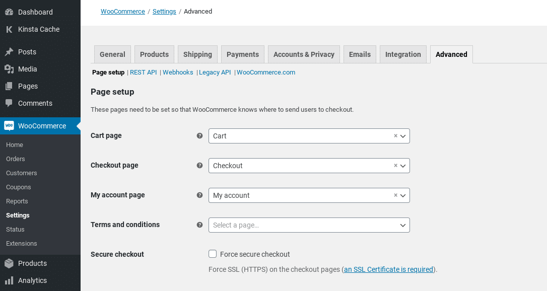 La pestaña 'Avanzado' en la configuración de WooCommerce