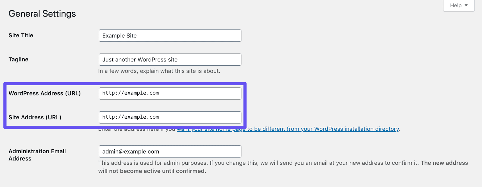 Verificação das configurações de endereço do WordPress e endereço do site