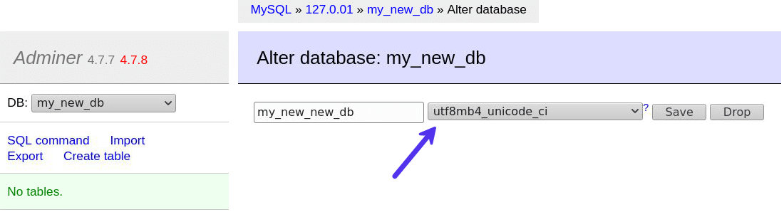Bewerken van een database in Adminer