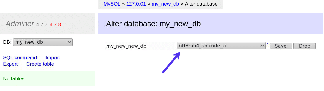 Modifier une base de données dans Adminer