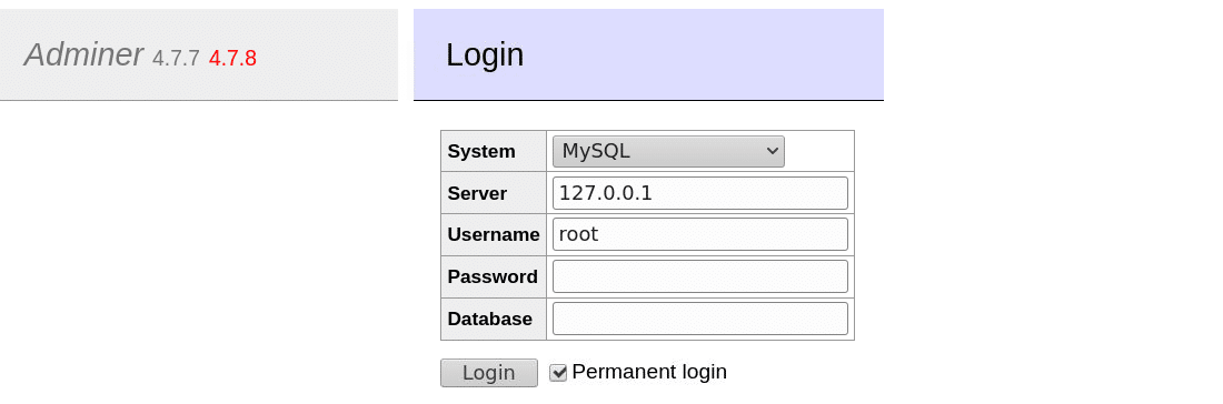 Página de acceso del Adminer