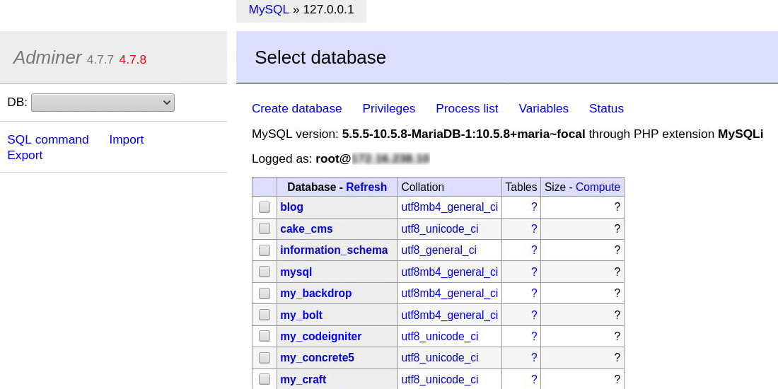 Adminer enumera todas las bases de datos si no se especifica una