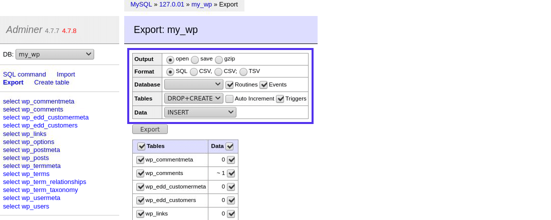 Exporter une base de données dans Adminer