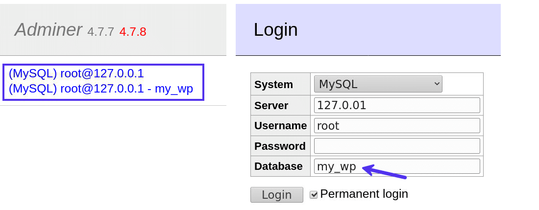 Inloggen bij Adminer met of zonder een database naam