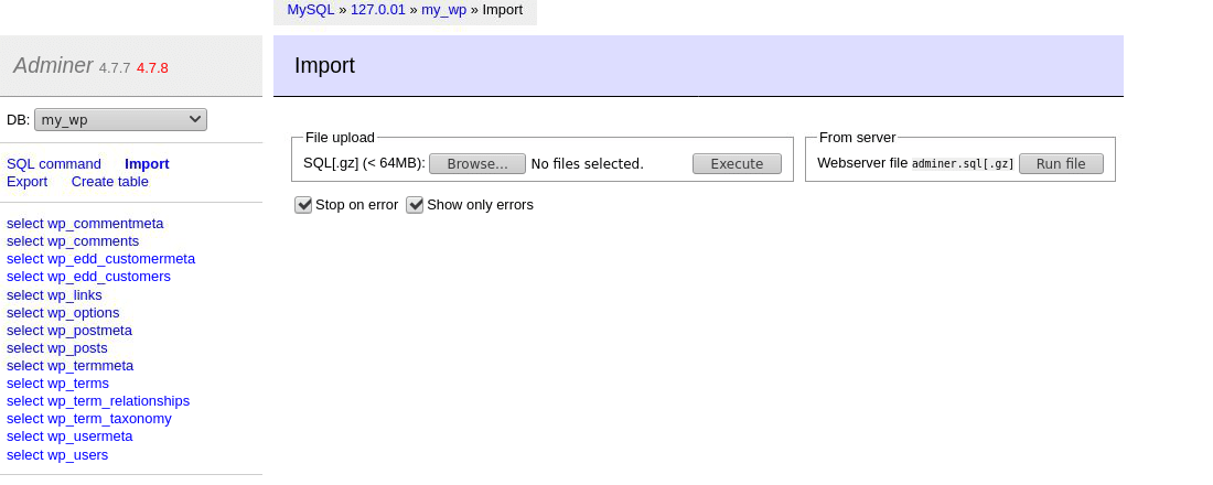 Importing a MySQL database in Adminer