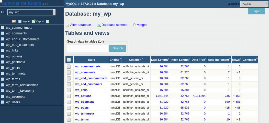 別のAdminerテーマ（mvt）を使用した例