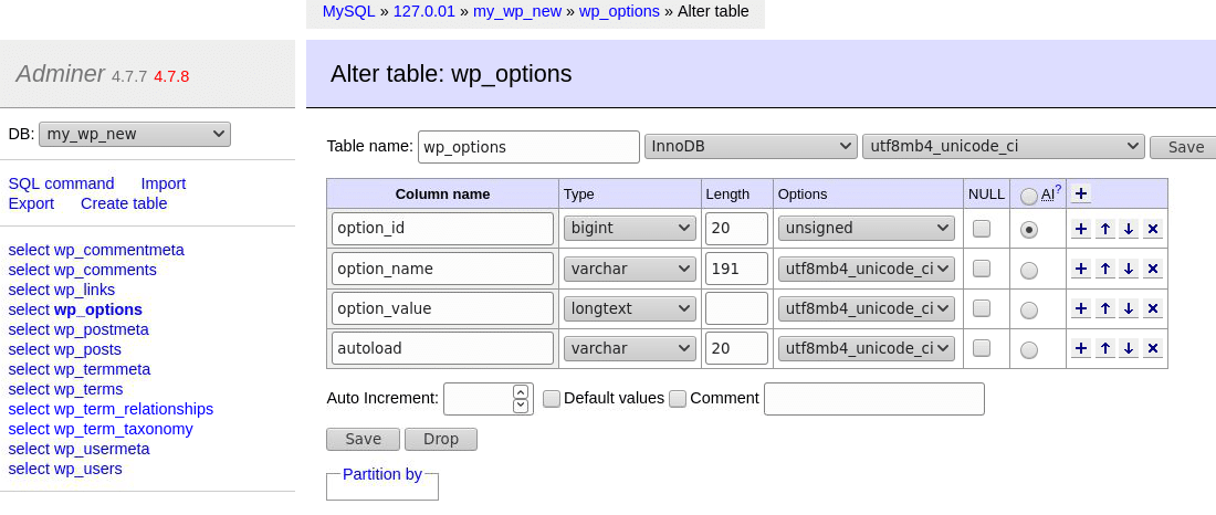 Alter database tables and columns easily through Adminer