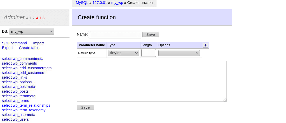 Maak allerlei andere SQL functies via Adminer