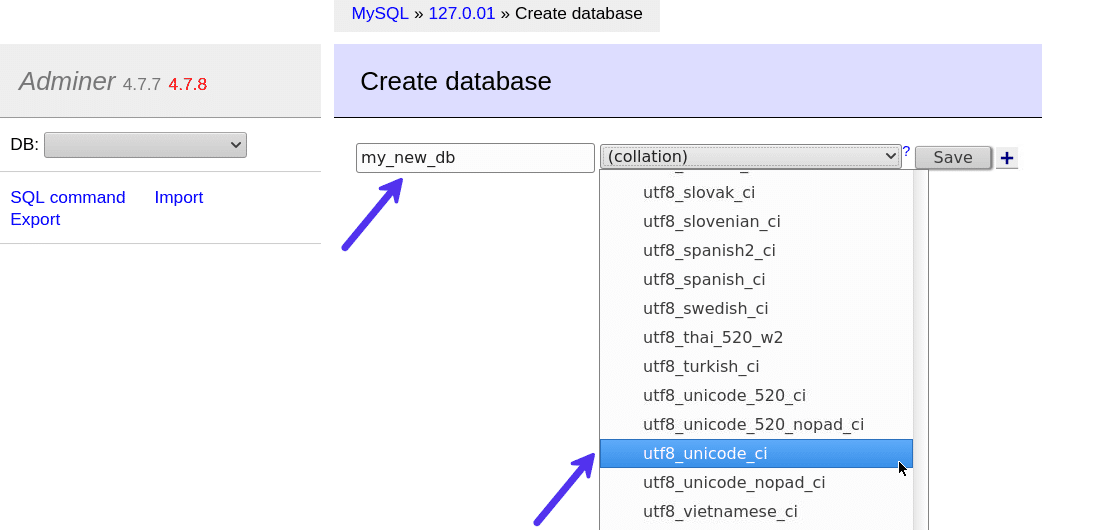Impostare il nome del database e il tipo di collazione per creare un database