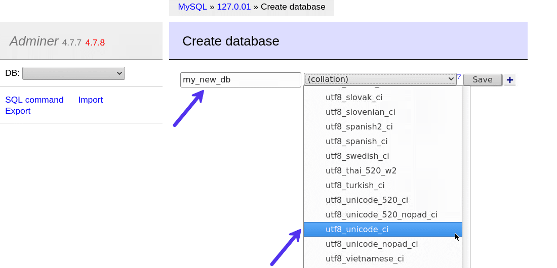 Ange databasnamn och sorteringstyp för att skapa en databas