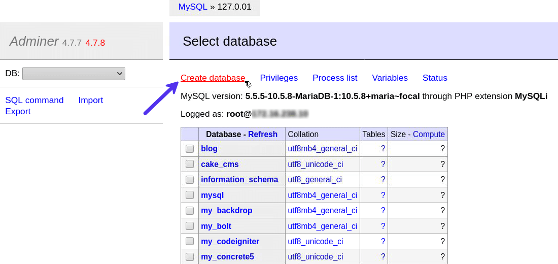 Creazione di un nuovo database in Adminer