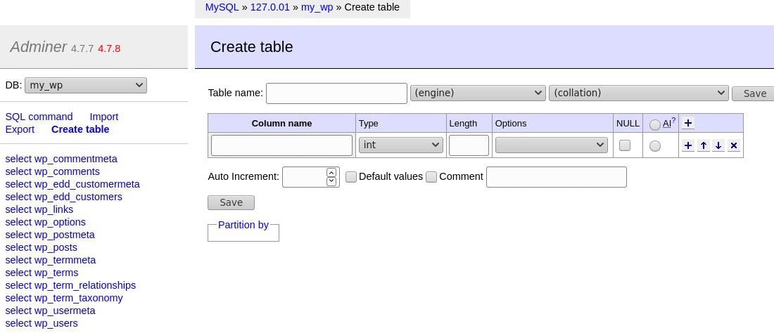 Créer une nouvelle table est simple avec Adminer