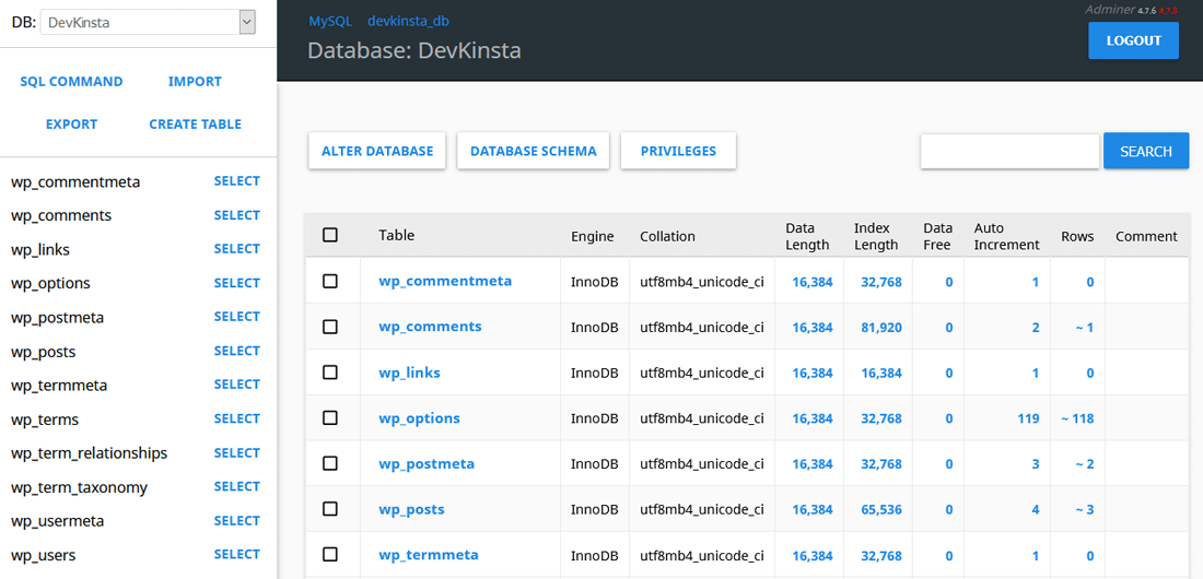 Adminer de la base de datos de DevKinsta es un adminer más guapo